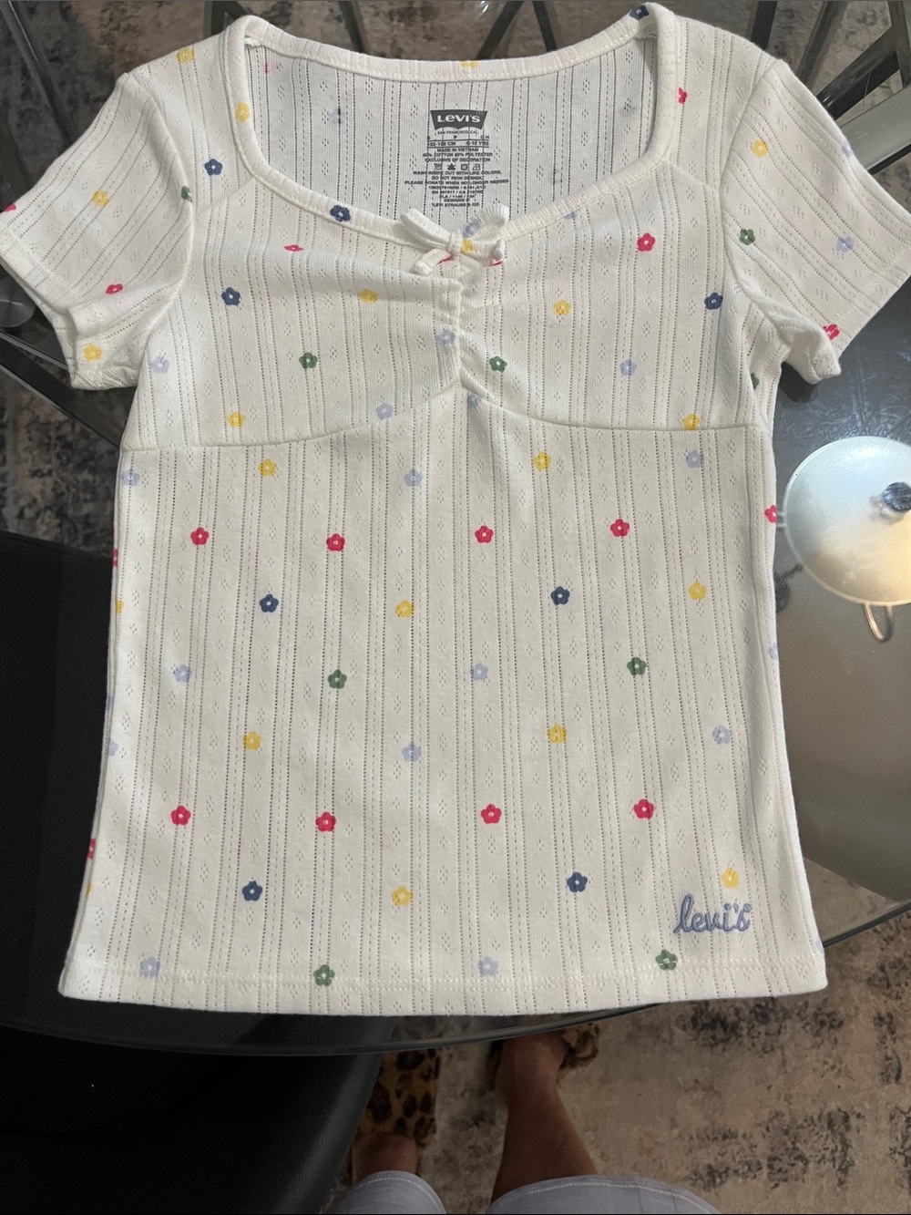 Levi's White Short-Sleeve Knit Top with Multicolor Dot Flowers